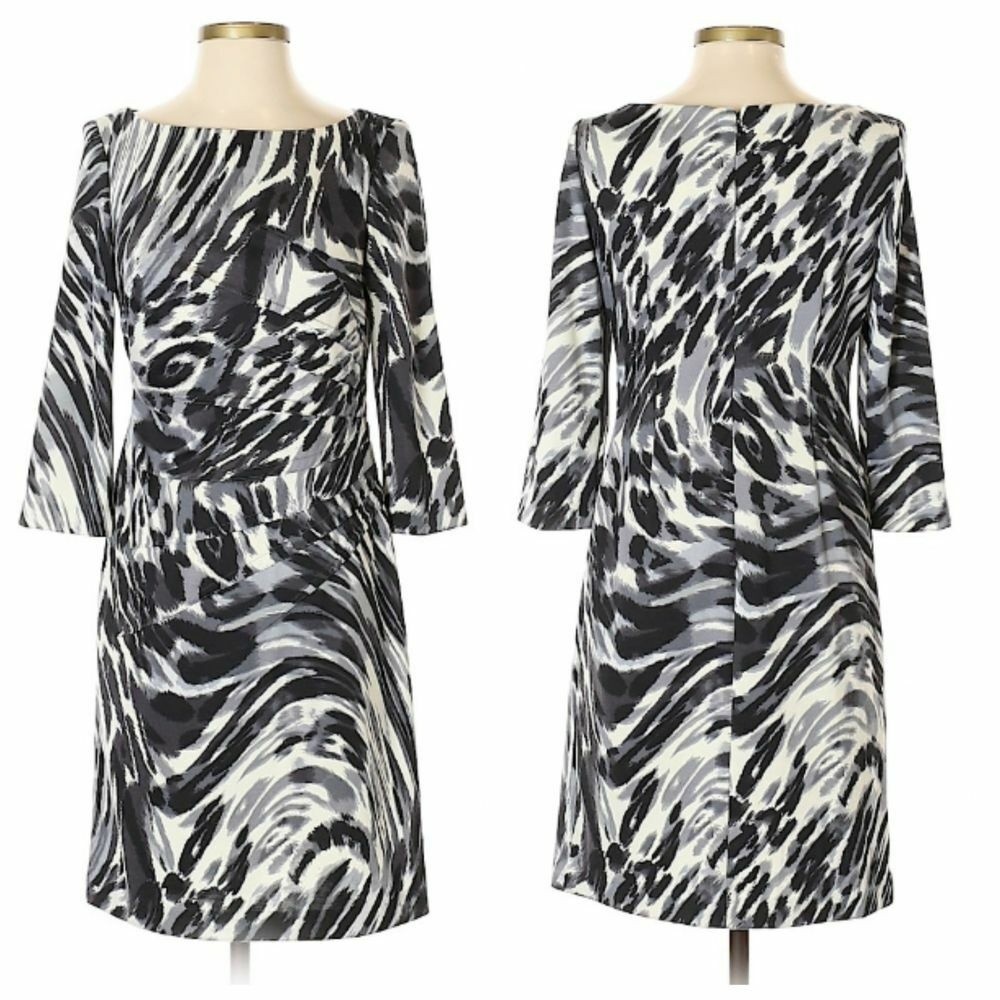 Jessica Howard Womens Sheath Dress 6 Petite B&W Animal Print Knee Boat Neckline